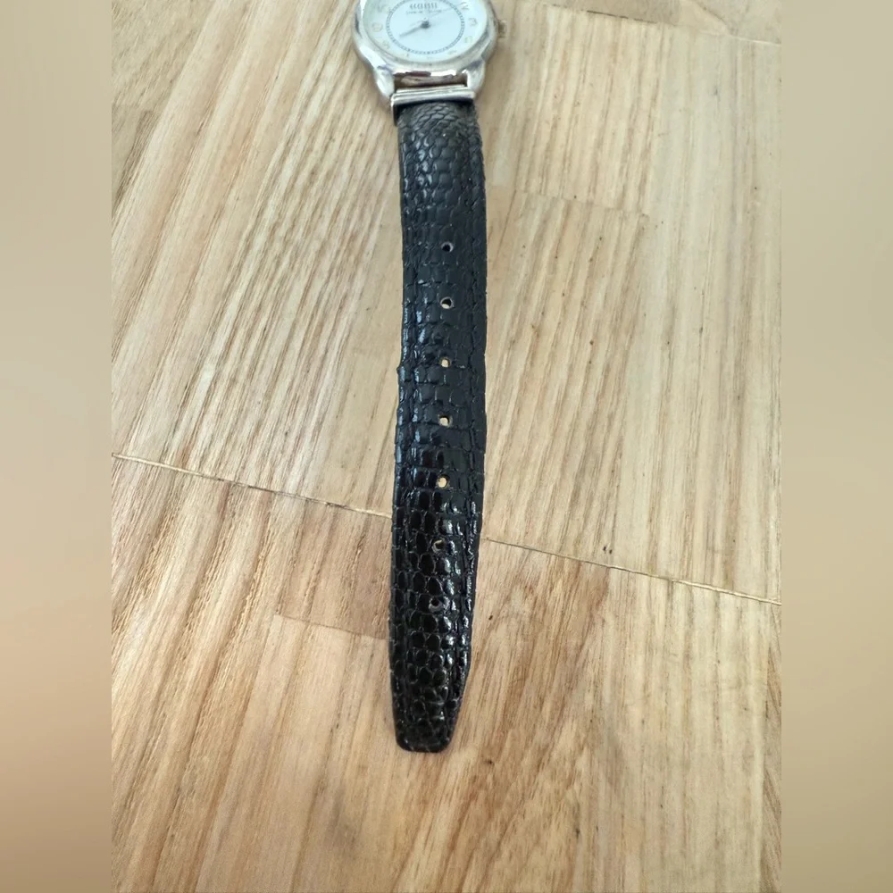 Ecclissi ladies sterling silver black leather watch NEW BATTERY